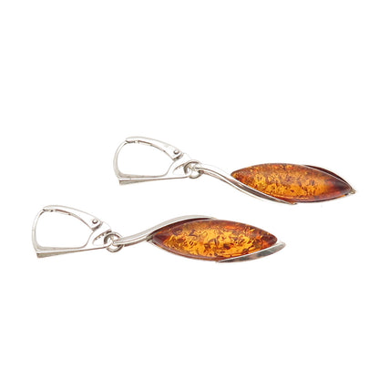 925 Sterling Silver Vintage Real Amber Modernist Dangle Earrings