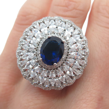 DSMK 925 Sterling Silver White & Blue Multi-C Z Cluster Statement Ring Size 7.25