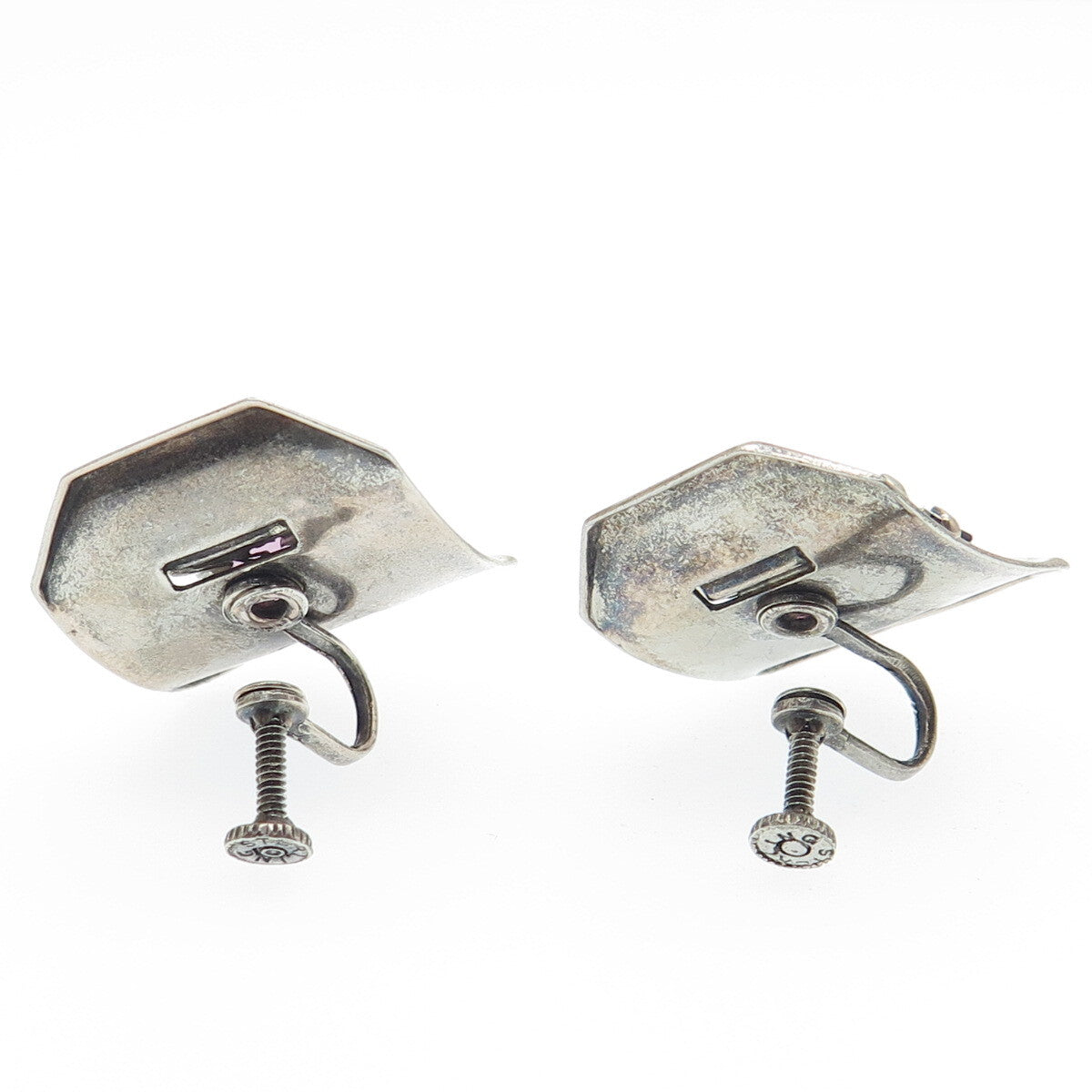 925 Sterling Silver Antique Art Deco Purple Rhinestone Screw Back Earrings