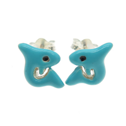 925 Sterling Silver Blue Enamel Shark Stud Earrings