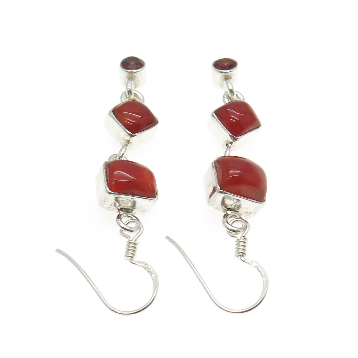 925 Sterling Silver Vintage Real Carnelian Gemstone Dangling Hook Earrings