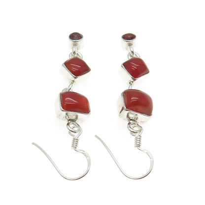 925 Sterling Silver Vintage Real Carnelian Gemstone Dangling Hook Earrings