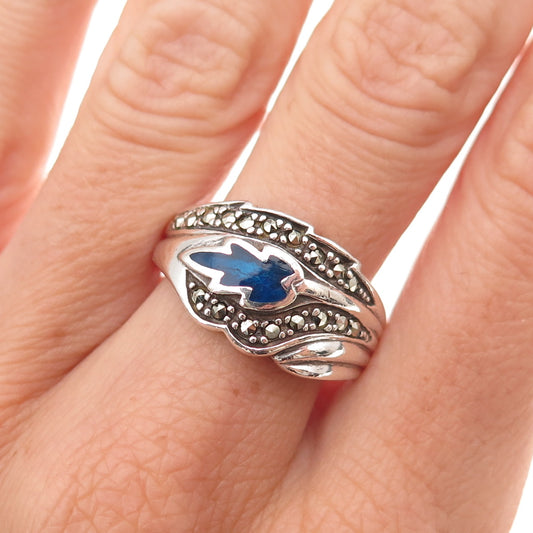 925 Sterling Silver Vintage Enamel Real Marcasite Floral Oxidized Ring Size 10