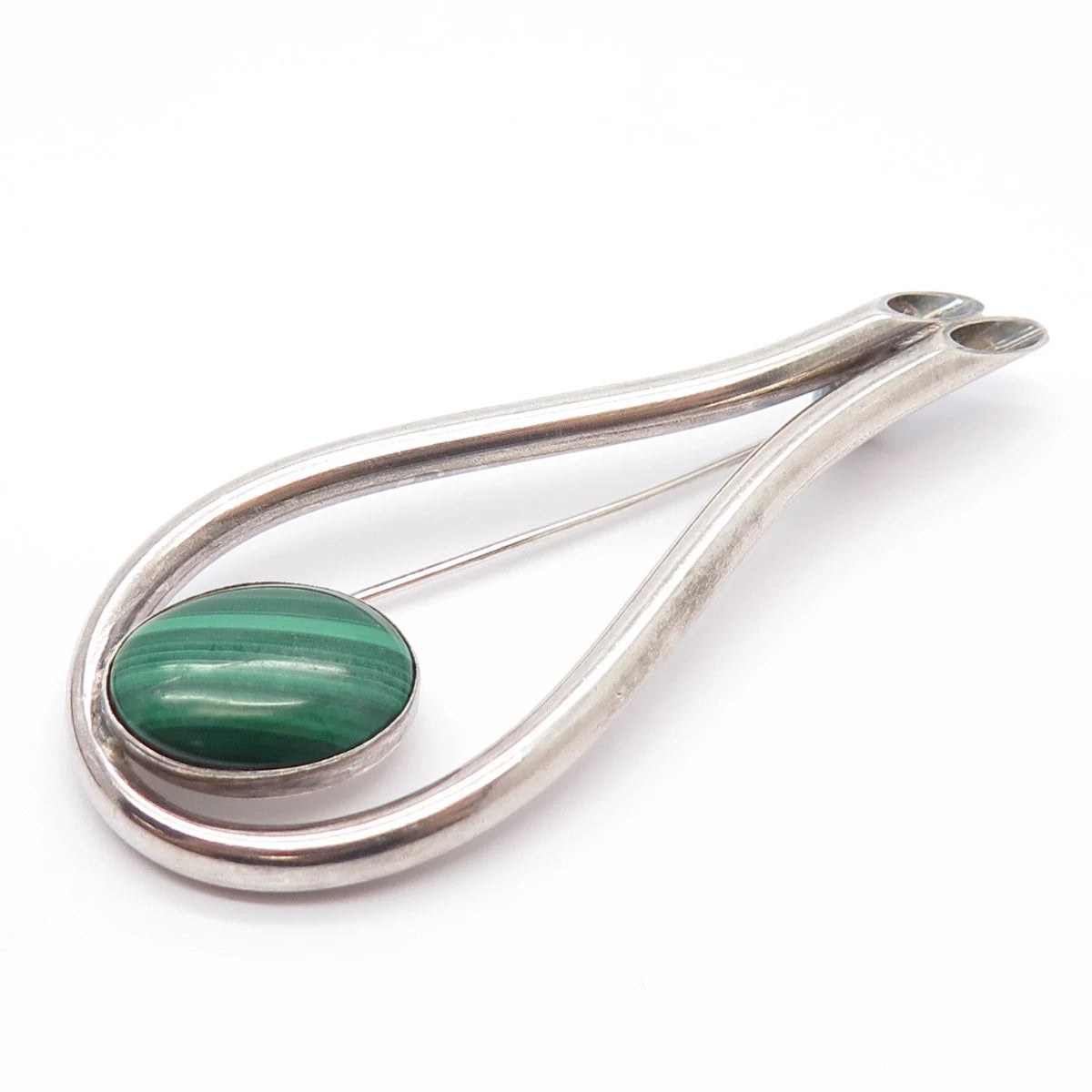 925 Sterling Silver Vintage Real Malachite Gemstone Modernist Pin Brooch