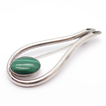 925 Sterling Silver Vintage Real Malachite Gemstone Modernist Pin Brooch