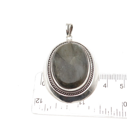 925 Sterling Silver Vintage Real Cabochon Labradorite Roped Pendant