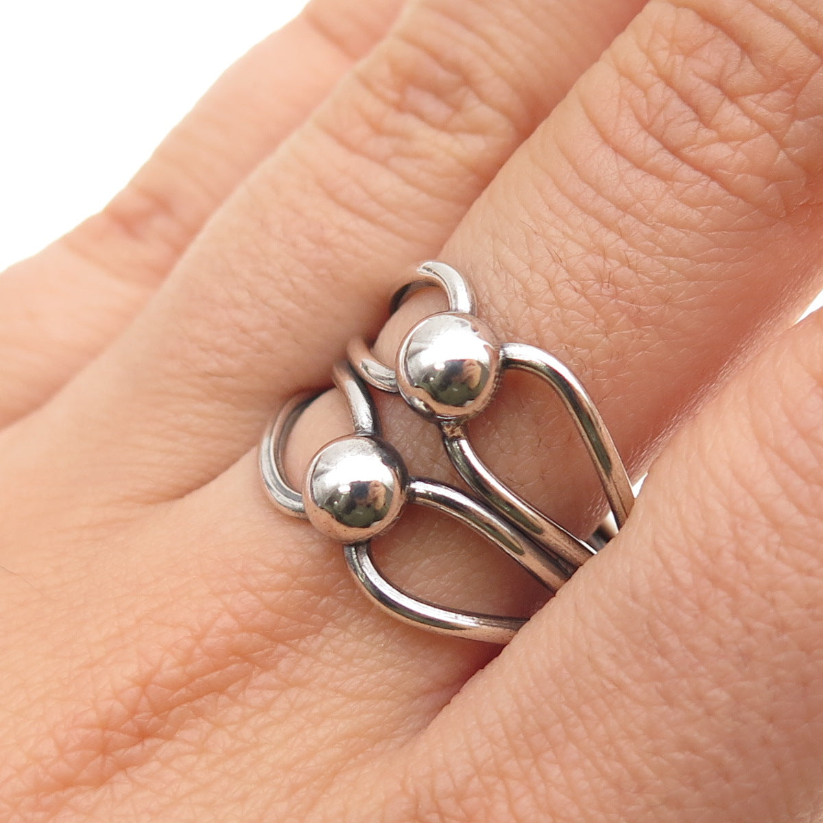 925 Sterling Silver Vintage Modernist Beaded Overlap Oxidized Ring Size 8.75
