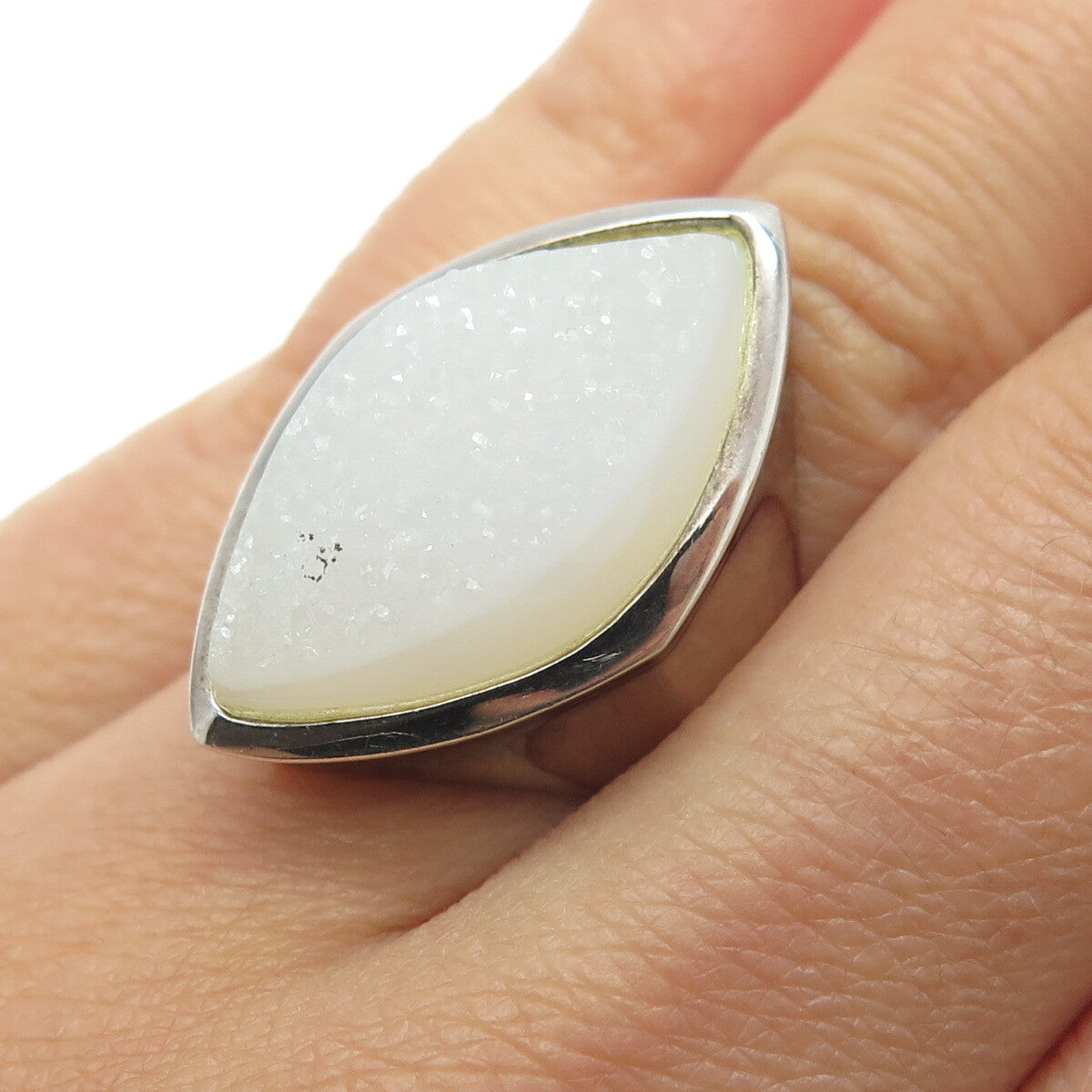 WHITNEY KELLY 925 Sterling Silver Vintage Real Marquise-Cut Druzy Ring Size 6
