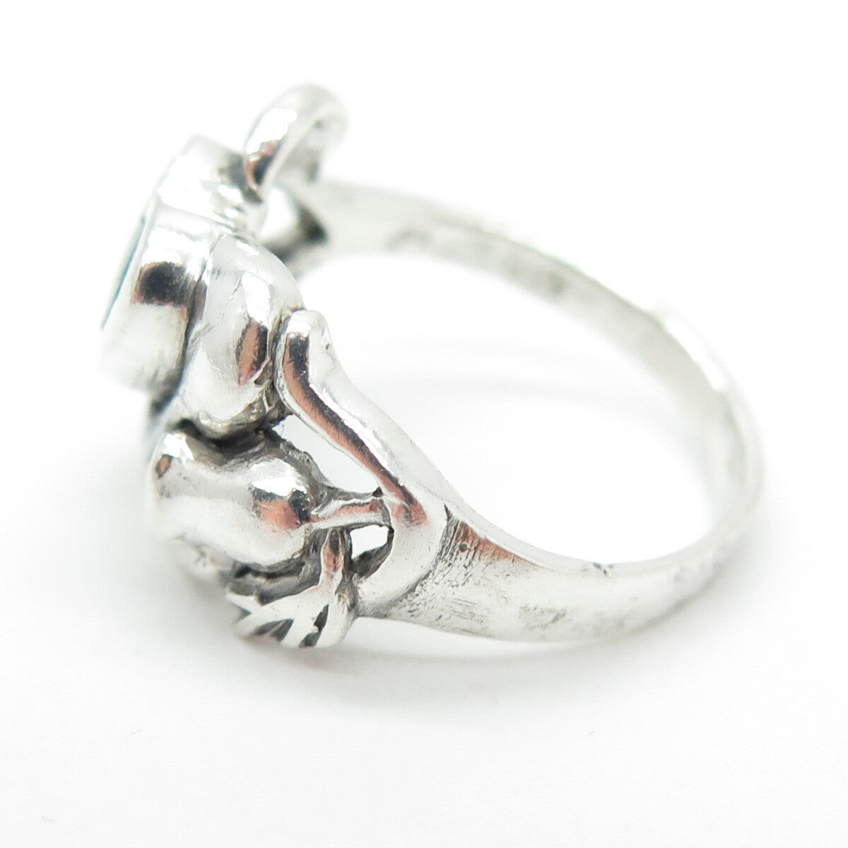 925 Sterling Silver Vintage Real Green Onyx Heart & Flower Ring Size 6.75