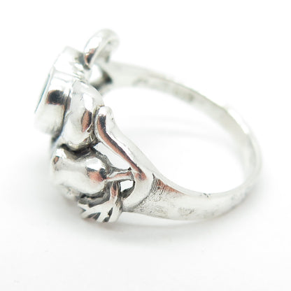925 Sterling Silver Vintage Real Green Onyx Heart & Flower Ring Size 6.75