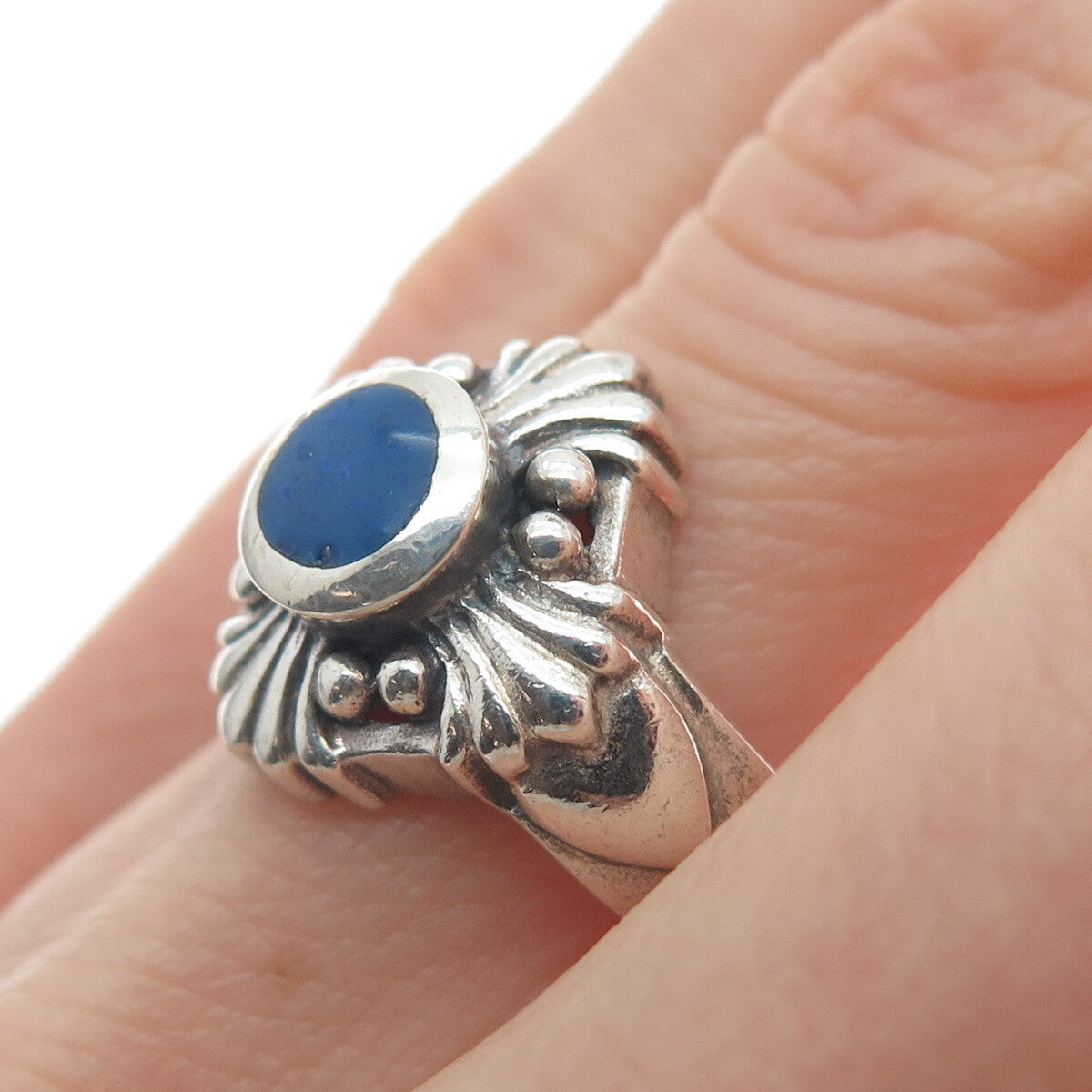 HAN 925 Sterling Silver Vintage Real Lapis Lazuli Gem Cross Ribbed Ring Size 7.5