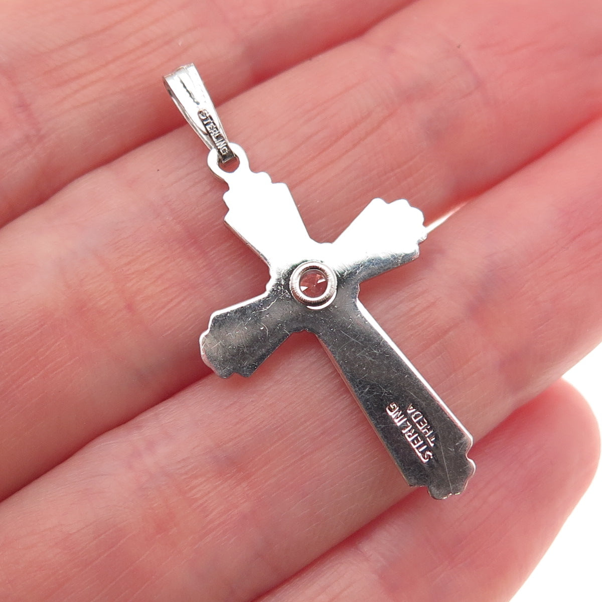 Theda 925 Sterling Silver Vintage Real White Topaz Cross Charm Pendant