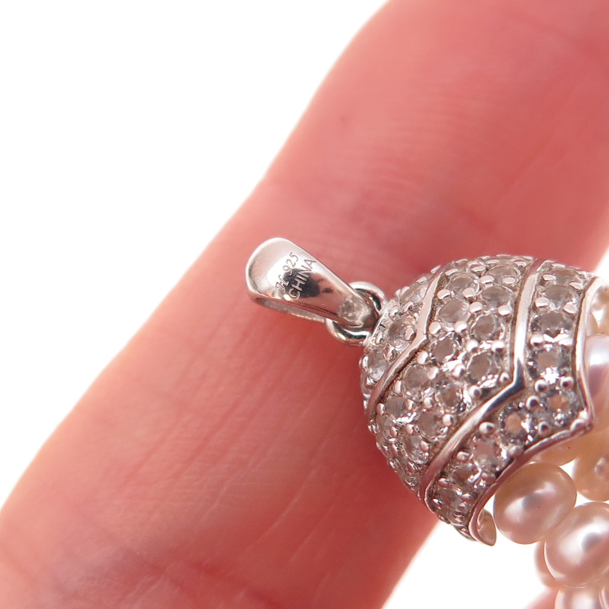 925 Sterling Silver Real Pearl & White Topaz Tassel Charm Pendant