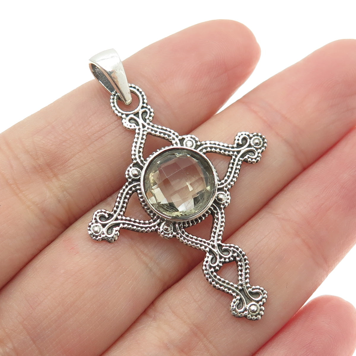 925 Sterling Silver Vintage Real Smoky Quartz Granulated Cross Pendant