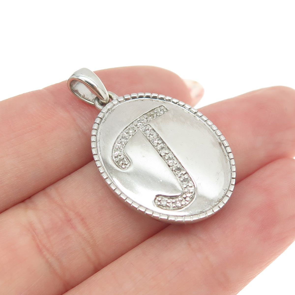 925 Sterling Silver Real Round-Cut Diamond Letter "T" Initial Oval Pendant