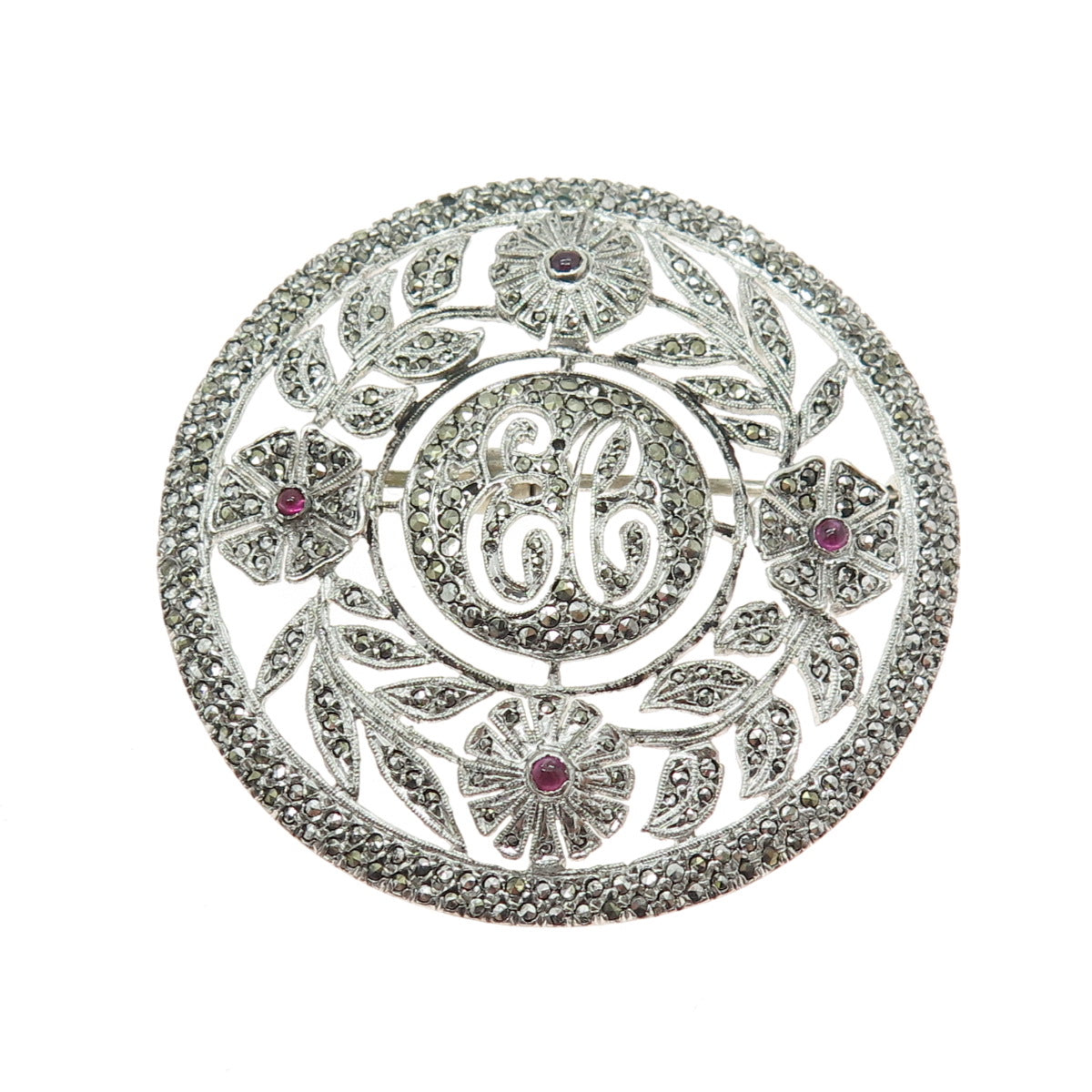 925 Sterling Silver Antique Marcasite & Ruby Gem "EC" Signet Flower Brooch