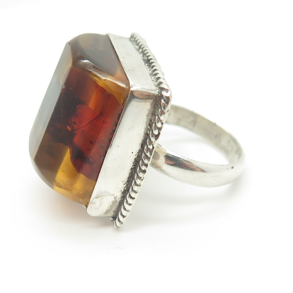 925 Sterling Silver Vintage Real Amber Modernist Statement Ring Size 6.75