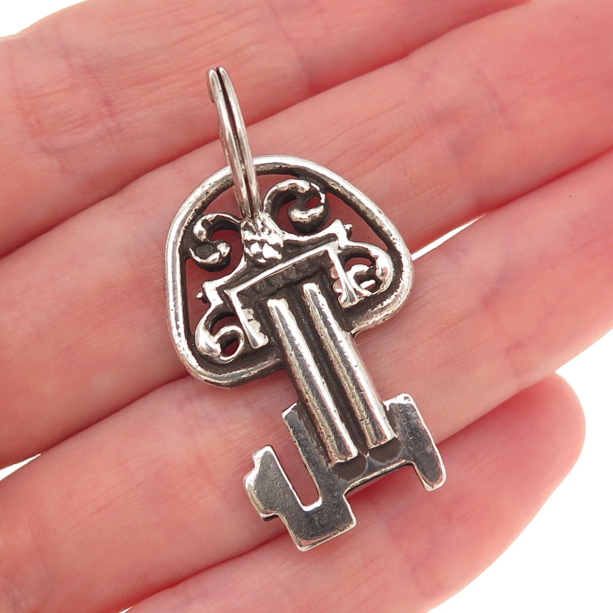 925 Sterling Silver Antique Art Deco Floral Key Oxidized Charm Pendant