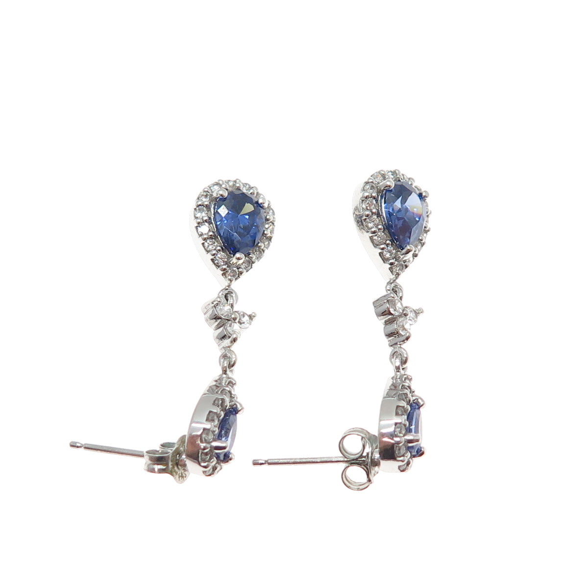 925 Sterling Silver Pear-Cut Blue & Round-Cut White C Z Dangle Earrings