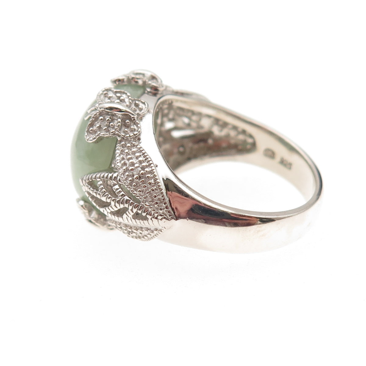 925 Sterling Silver Real Round-Cut Diamond & Jade Floral Ring Size 8.25