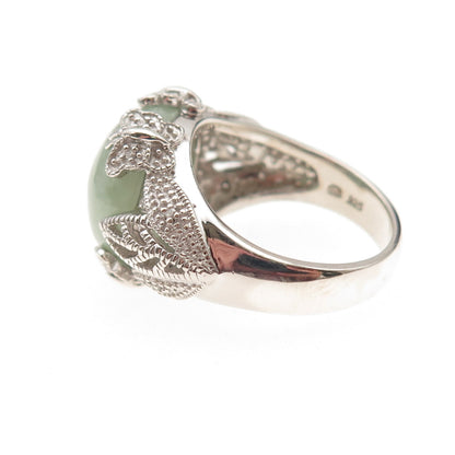 925 Sterling Silver Real Round-Cut Diamond & Jade Floral Ring Size 8.25