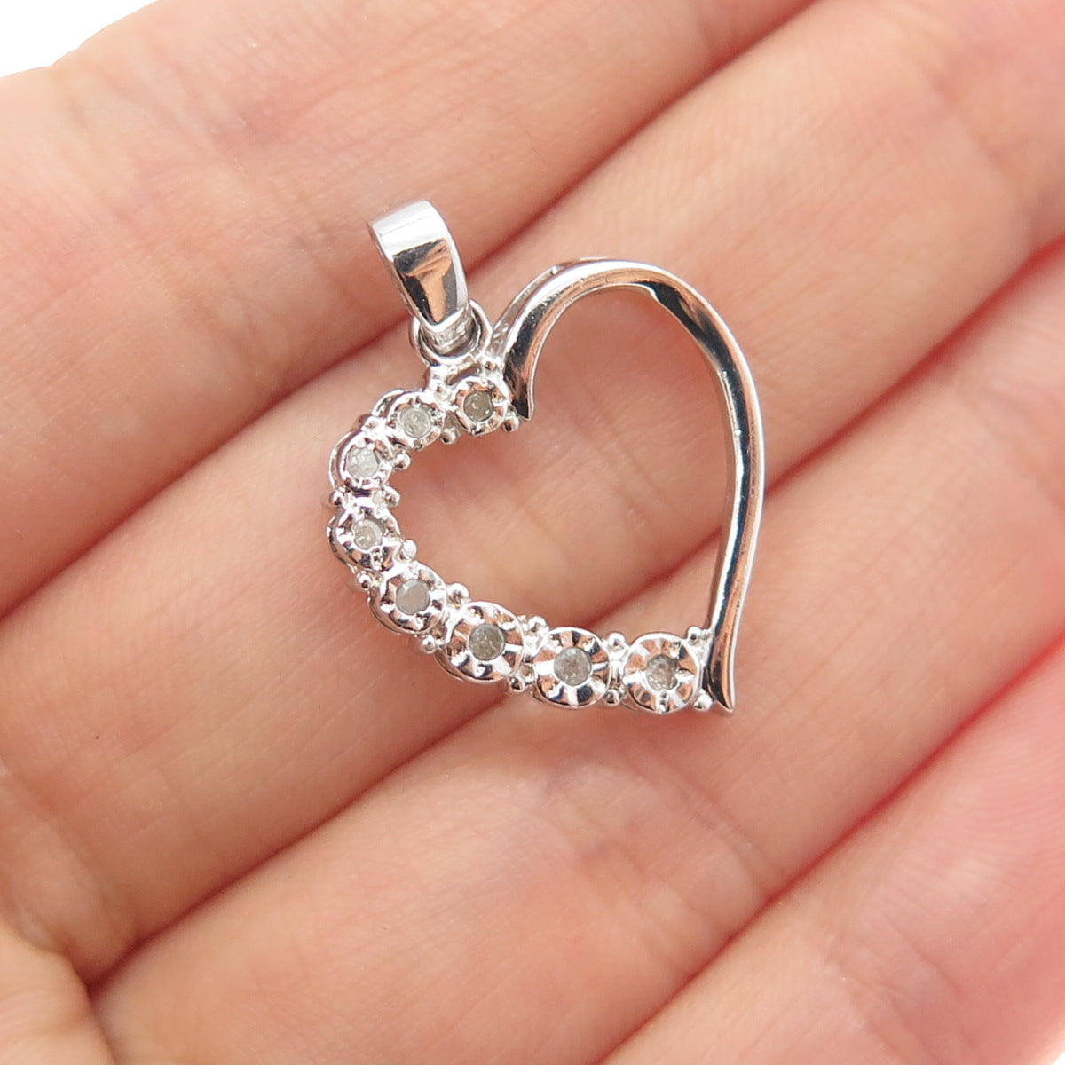 925 Sterling Silver Real Round-Cut Diamond Heart Minimalist Charm Pendant