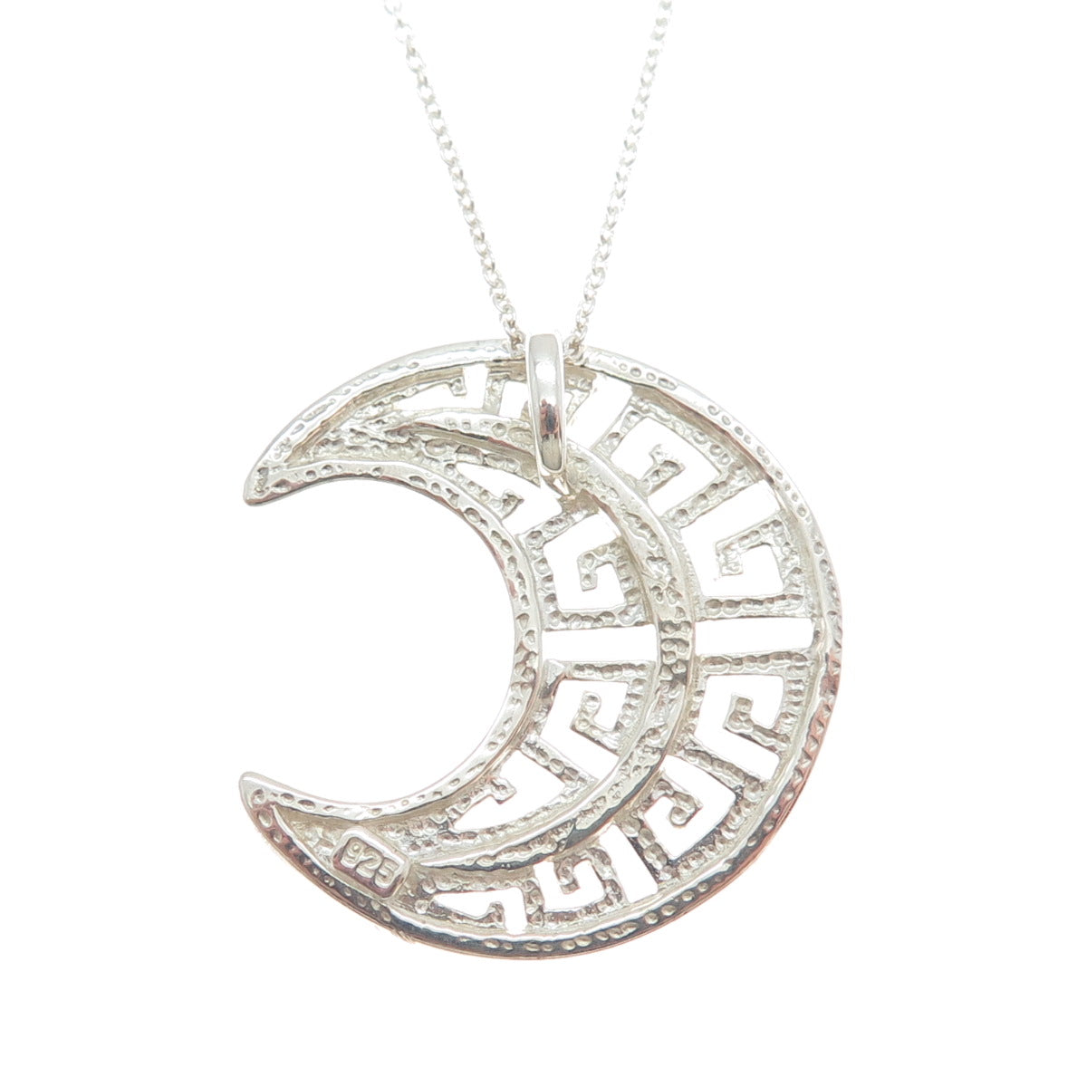 925 Sterling Silver Italy Greek Key Crescent Moon Cable Chain Necklace 18"
