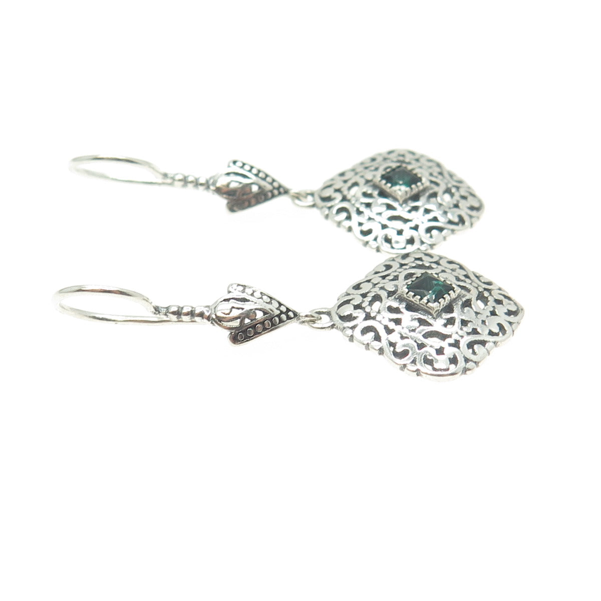 BERIA 925 Sterling Silver Green Rhinestone Ornate Square Dangling Earrings