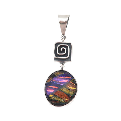 925 Sterling Silver Vintage Dichroic Glass Modernist Spiral Large Pendant