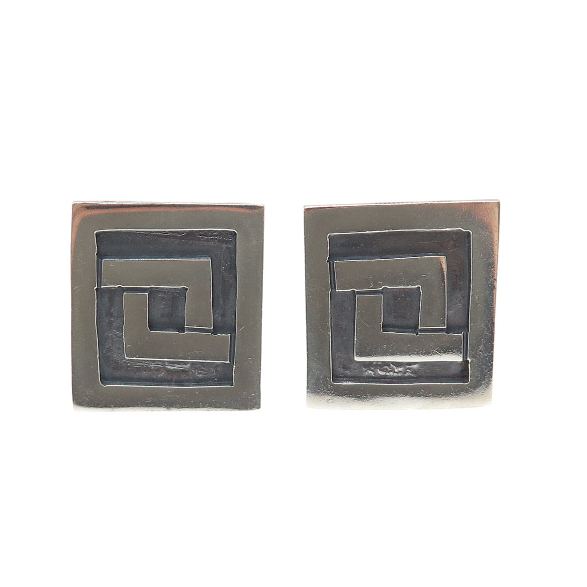 925 Sterling Silver Vintage Mexico Aztec Key Oxidized Screw Back Earrings