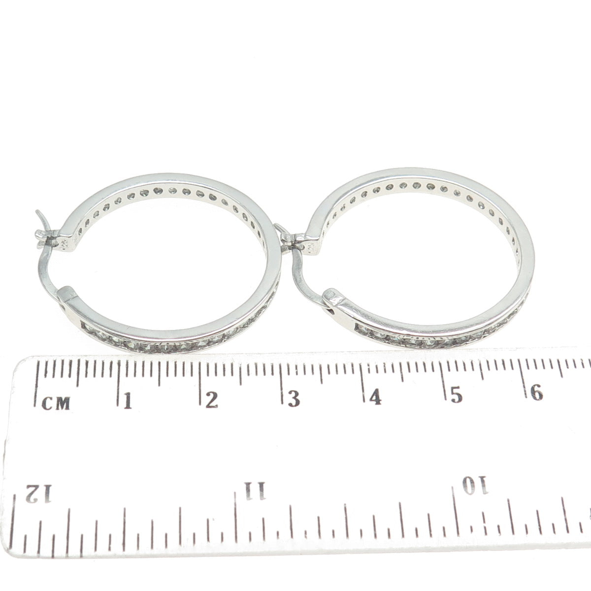 925 Sterling Silver Round-Cut All Around C Z Hoop Earrings