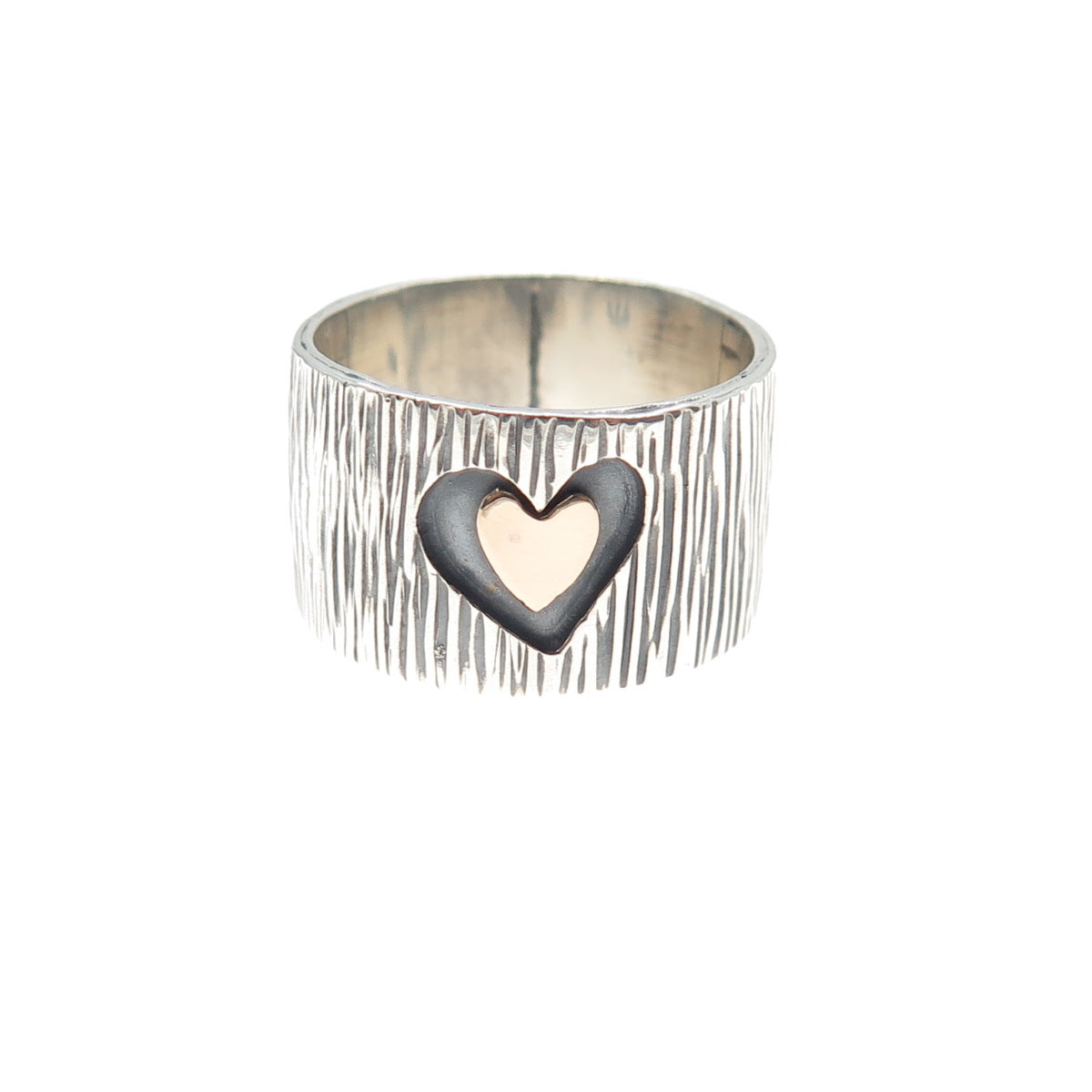 925 Sterling Silver & 14K Gold Vintage Modernist Heart Oxidized Ring Size 7.5