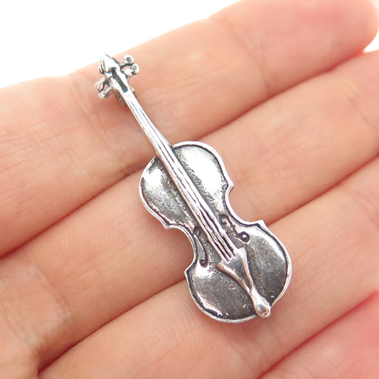 925 Sterling Silver Vintage Violin Music Instrument Oxidized Pin Brooch