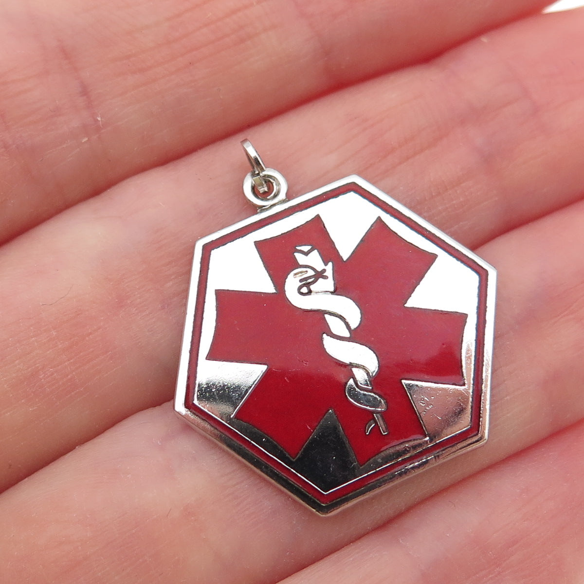 Griffith & Sons Sterling Silver Vintage Enamel Caduceus Medical Alert Pendant