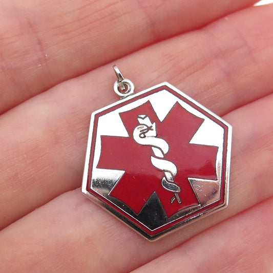 Griffith & Sons Sterling Silver Vintage Enamel Caduceus Medical Alert Pendant