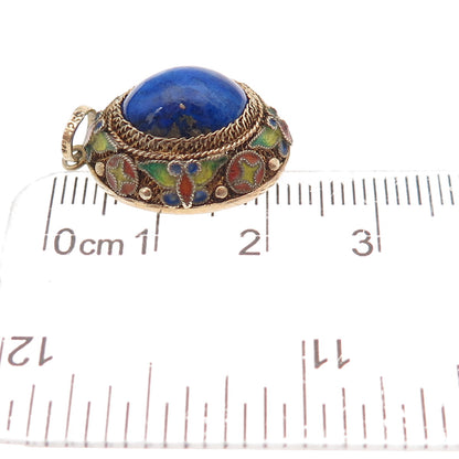 925 Sterling Silver Gold Plated Vintage Enamel Real Lapis Floral Charm Pendant
