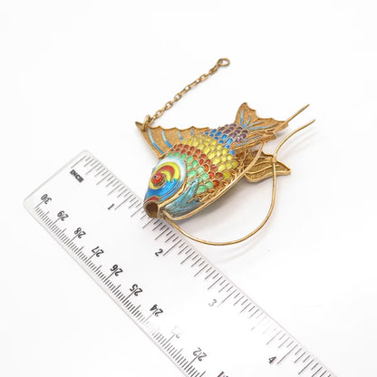 925 Sterling Silver Gold Plated Antique Enamel Articulated Chinese Fish Koi Fob