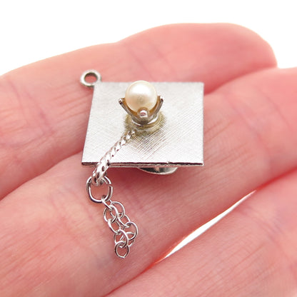 Wells 925 Sterling Silver Vintage Faux Pearl Graduation Hat 3D Mini Pendant