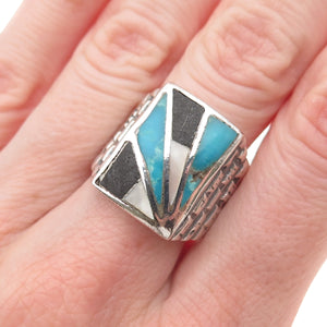 Old Pawn 925 Sterling Silver Vintage Turquoise Black Onyx & MOP Ring Size 9.25