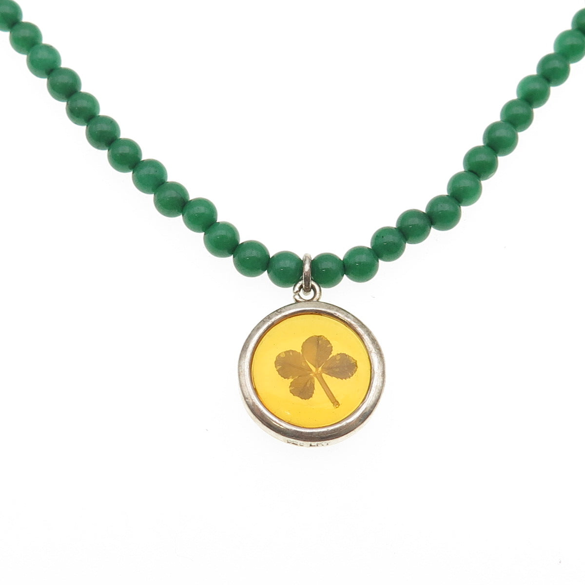 LUCKY 925 Sterling Silver Vintage Green Onyx Enamel Pressed Clover Necklace 16"