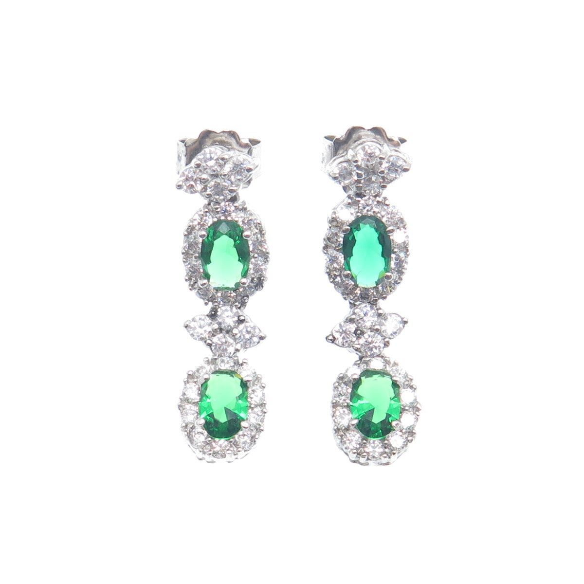 925 Sterling Silver Oval-Cut Green & Round-Cut White C Z Dangle Earrings