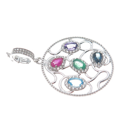 DSMK 925 Sterling Real Sapphire Ruby Blue & White Topaz Amethyst Emerald Pendant