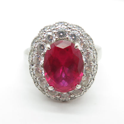 925 Sterling Silver Lab-Created Ruby & Round-Cut Shaped C Z Ring Size 7.75