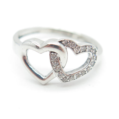 925 Sterling Silver Round-Cut Shaped C Z Couple of Hearts Ring Size 5.25