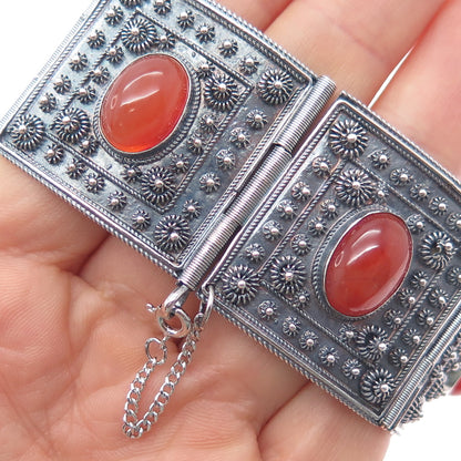 925 Sterling Silver Vintage Real Carnelian Cannetille Panel Link Bracelet 7.5"