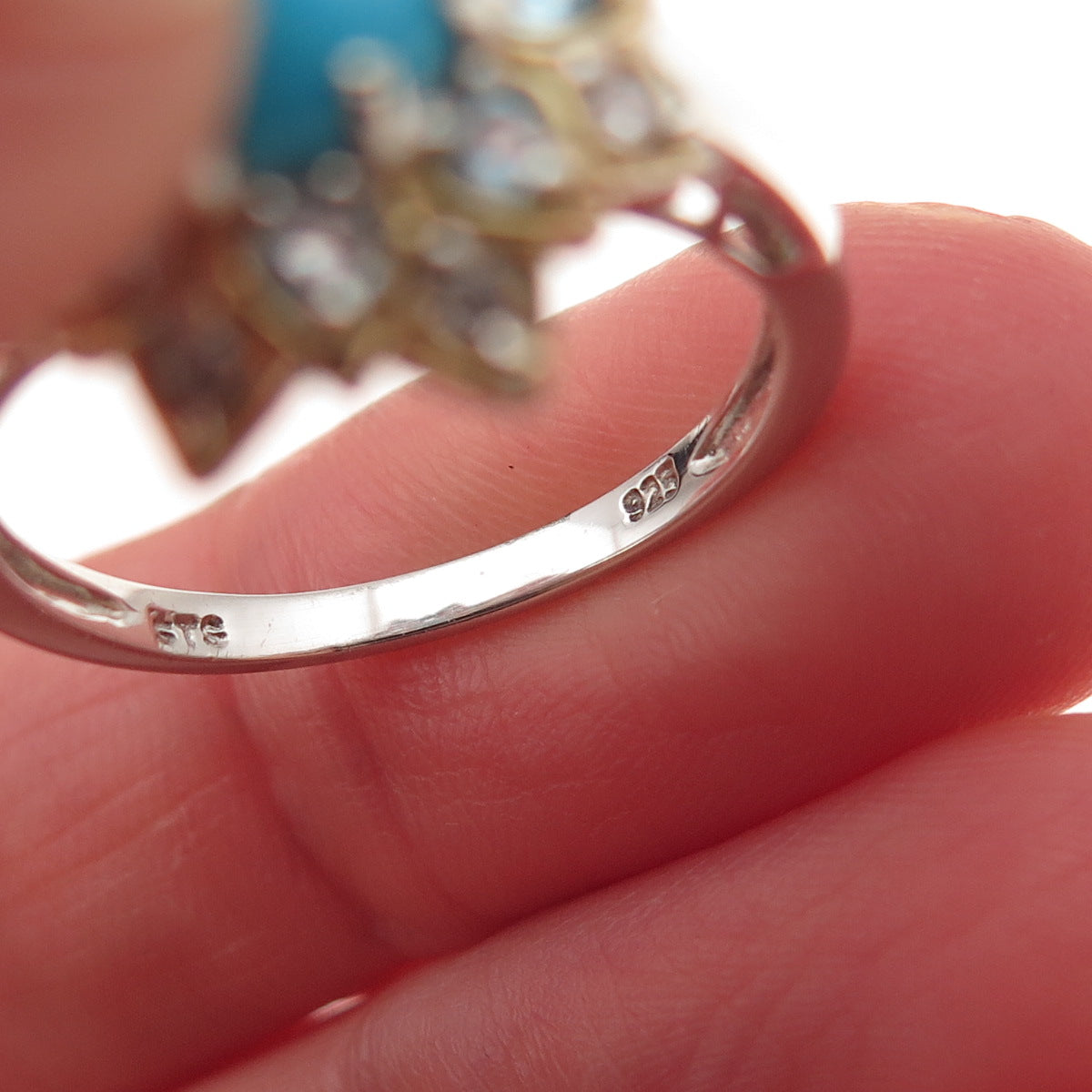 Chuck Clemency Sterling 2-Tone Real Turquoise Blue & White Topaz Ring Size 8.25