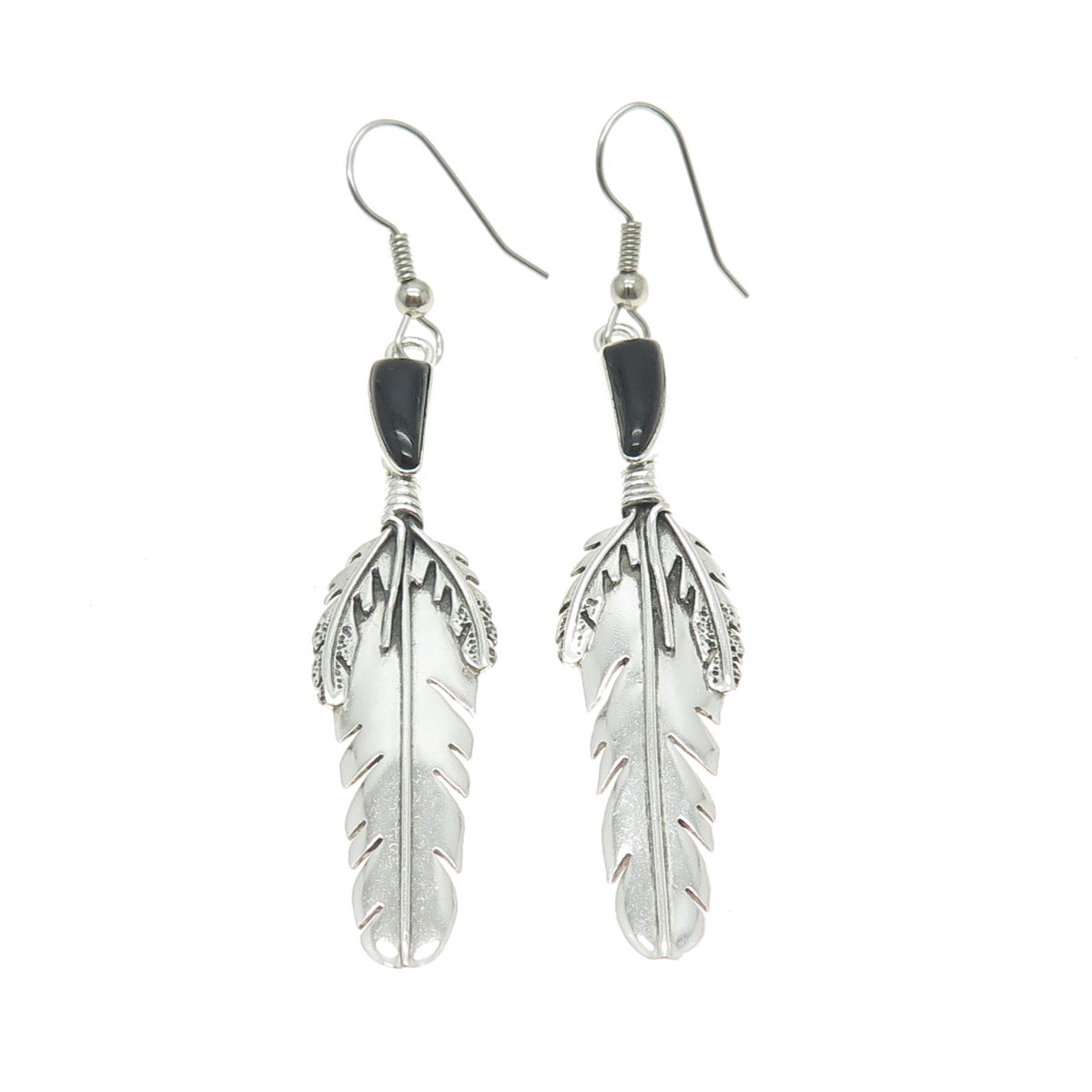 TED OTT Old Pawn 925 Sterling Silver Southwestern Black Onyx Feather Earrings