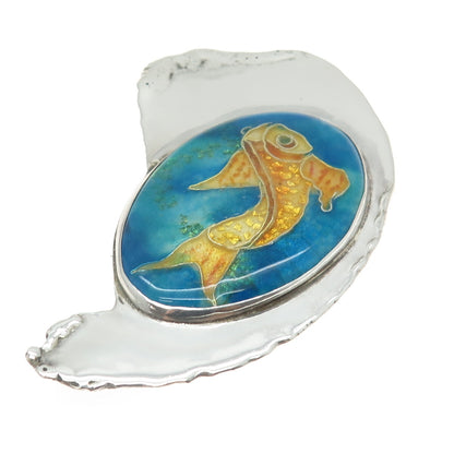 SHOSHANA 925 Sterling Silver Vintage 1989 Enamel Modernist Fish Brooch