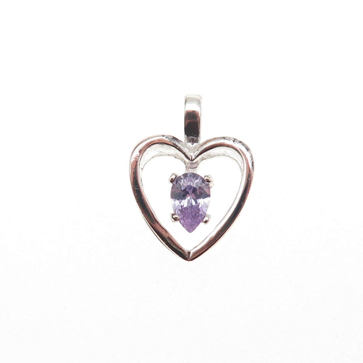 925 Sterling Silver Vintage Pear-Cut Purple C Z Heart Mini Charm Pendant