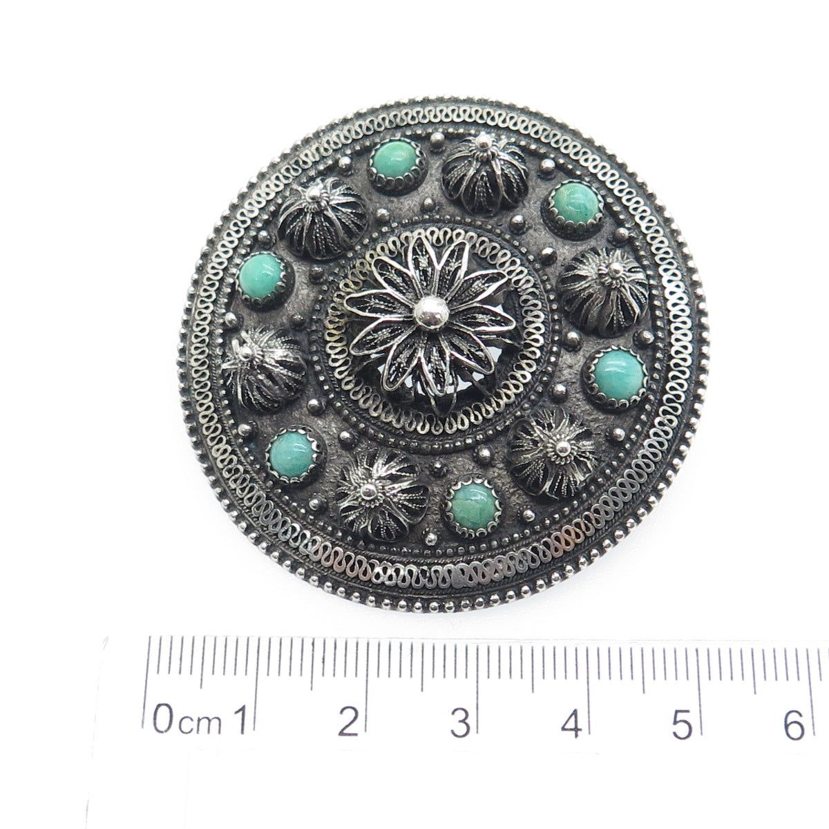 925 Sterling Silver Antique Israel Turquoise Gem Ethnic Eternal Curve Brooch